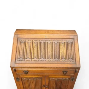 Vintage Light Oak Linenfold Front Bureau with Fitted Interior - Image 5