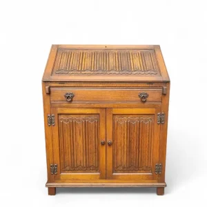 Vintage Light Oak Linenfold Front Bureau with Fitted Interior - Image 7