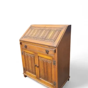 Vintage Light Oak Linenfold Front Bureau with Fitted Interior