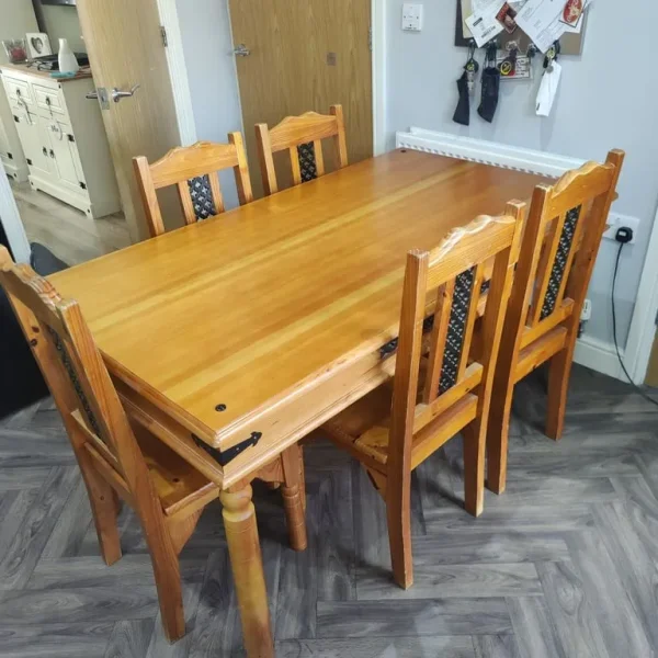 Rectangular pine dining table and 5 chairs