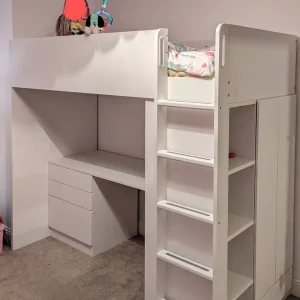 Loft bunk bed with desk, drawers and wardrobe