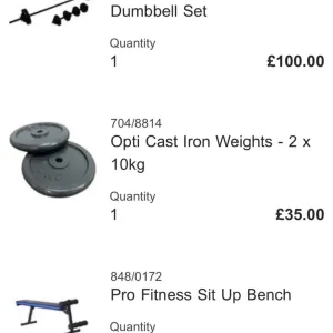 Weight bench, dumbbells and barbell