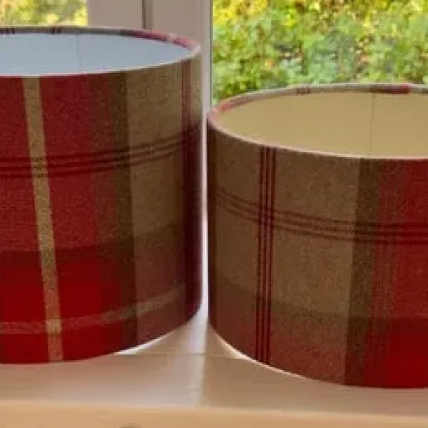 4 Red Balmoral tartan lampshades and 4 cushion covers