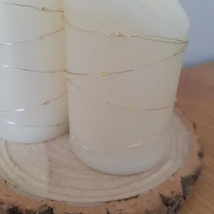 3 cream gold battery candles wood log stand - Image 2