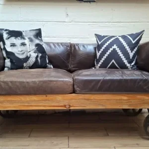 Timothy Oulton Industrial style 2 seater leather sofa with wooden frame - Image 2