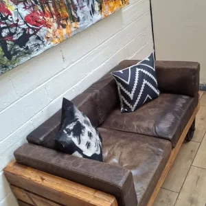 Timothy Oulton Industrial style 2 seater leather sofa with wooden frame - Image 3