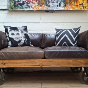 Timothy Oulton Industrial style 2 seater leather sofa with wooden frame - Image 7
