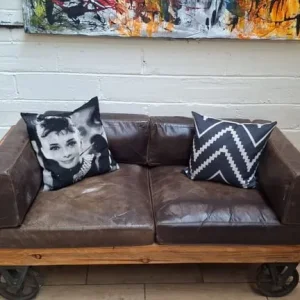 Timothy Oulton Industrial style 2 seater leather sofa with wooden frame - Image 8