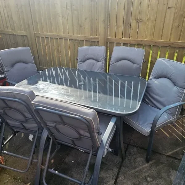 6 seater dining set with cushions, 2 footstools and side table