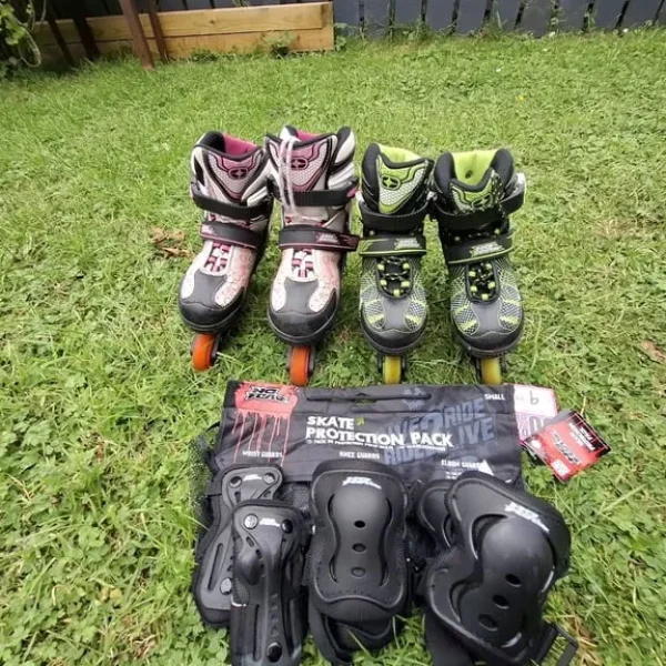 2 Pairs of Inline Skates with Protection Gear
