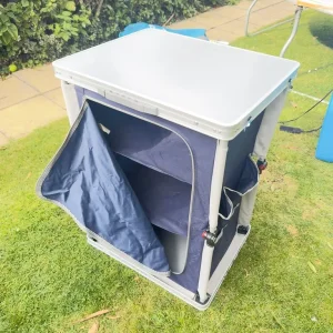 Camping bed, cooking table, food storage cupboard and kids body boards