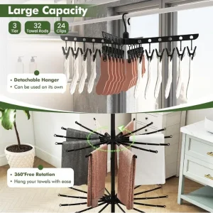 Folding Clothes Drying Rack with 3 Tiers and 24 Clips - Image 4
