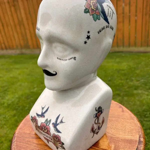 Porcelain Phrenology Head with Tattoo Art