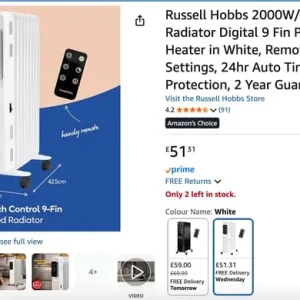 Russell Hobbs 2000W Oil Filled Radiator Heater - Image 4