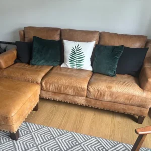 Sofology Tan Leather Couch and Foot Stool