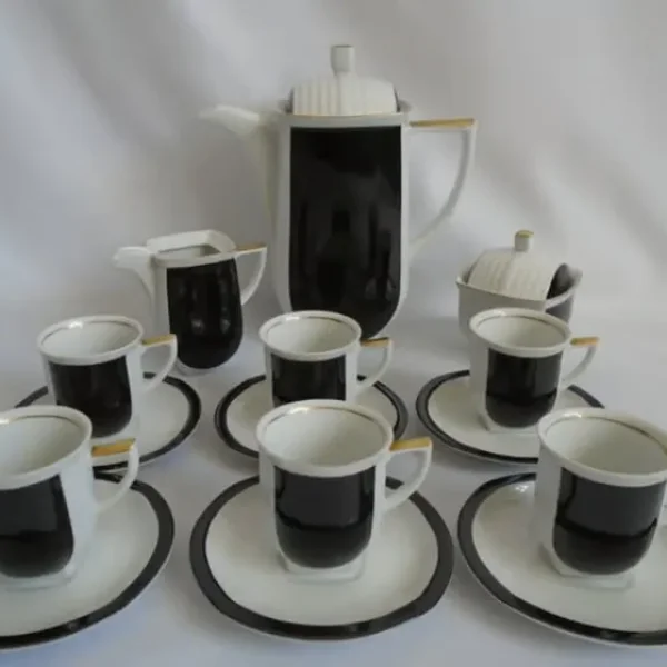 Czech Carlsbad Studio Lisette Black/White 9 Piece Coffee Tea Set Cups Creamer Sugar