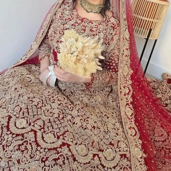 Luxury Red & Gold Hand-Embroidered Pakistani Indian Bridal Lehenga Maxi Dress