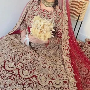 Luxury Red & Gold Hand-Embroidered Pakistani Indian Bridal Lehenga Maxi Dress
