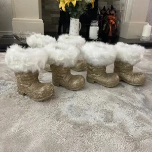 Set Of 6 Gold Sparkly Santa Boots Trimmed With Faux Fur