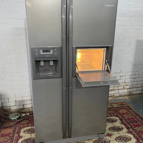 Samsung 3-door grey fridge with water and ice dispenser