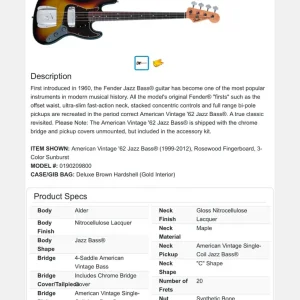 Fender American Vintage 62 Jazz Bass - Image 2
