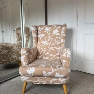 Habitat Callie Wingback Armchair – Light Pink with Beige Patterned Cover