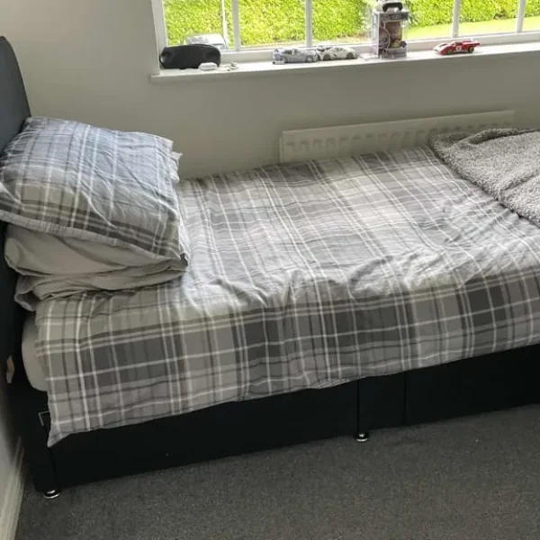 Black velvet single bed frame with headboard and 2 drawers