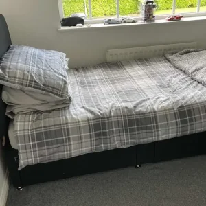 Black velvet single bed frame with headboard and 2 drawers