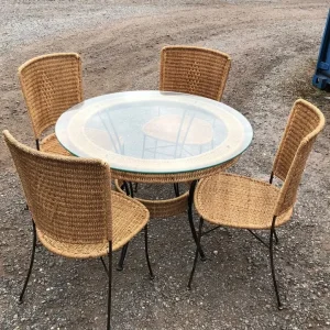 Glass Table and Four Rattan Chairs