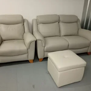 Parker-Knoll 2 Seater Cream Leather Sofa and Armchair with Footstool