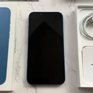 iPhone 13 128GB unlocked in blue with box, case, and charger - Image 5