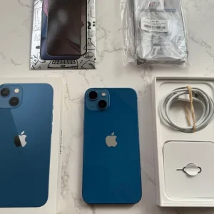 iPhone 13 128GB unlocked in blue with box, case, and charger - Image 6
