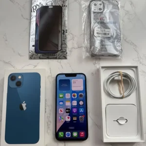 iPhone 13 128GB unlocked in blue with box, case, and charger