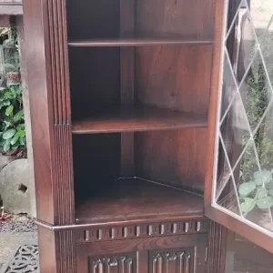 Solid Oak Corner Cabinet with Leaded Glass and Linenfold Door - Image 2