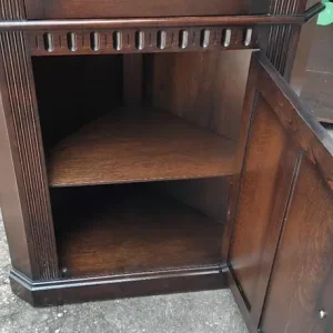 Solid Oak Corner Cabinet with Leaded Glass and Linenfold Door - Image 3