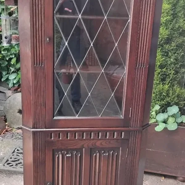 Solid Oak Corner Cabinet with Leaded Glass and Linenfold Door