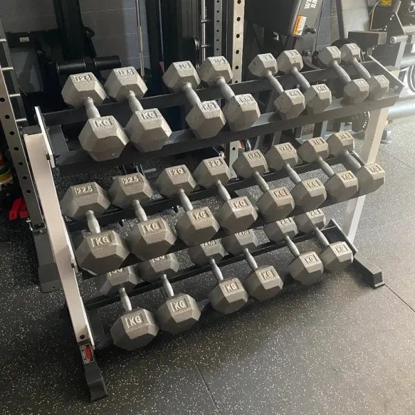 York commercial 3 tier dumbbell rack with 385kg cast iron dumbbell set 5-30kg 2.5kg increments