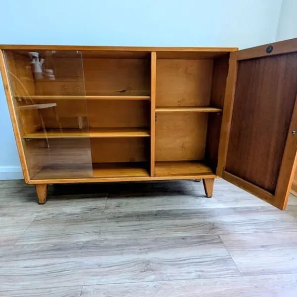 Lebus mid century teak display cabinet with sliding glass doors