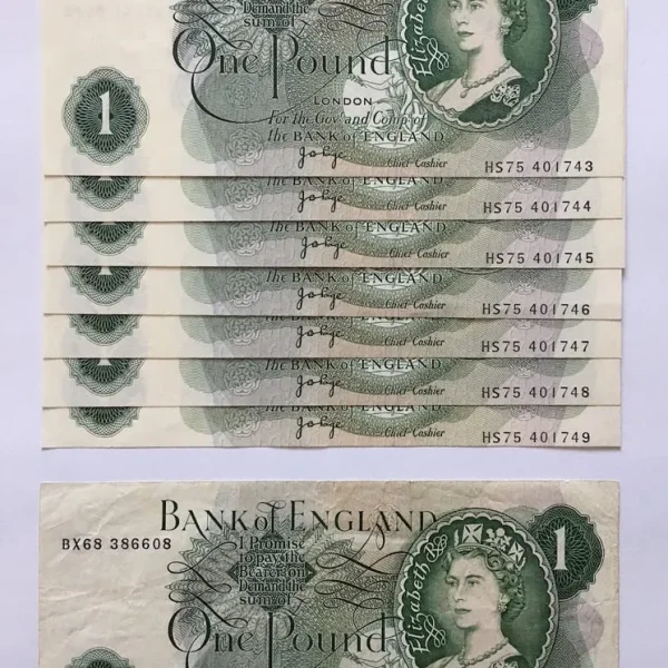 1970s Bank of England £1 notes in 7 consecutive numbers