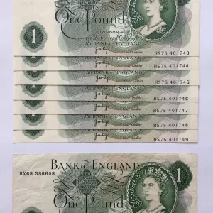 1970s Bank of England £1 notes in 7 consecutive numbers
