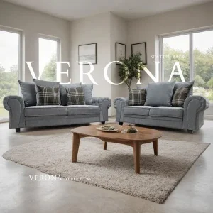Verona 3+2 seater sofa – grey velvet, plush, with chrome legs