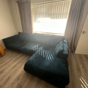 Velvet Pillow Back Right Hand Facing Large Chaise End Sofa and Velvet Square Footstool - Image 2