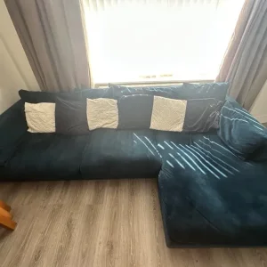 Velvet Pillow Back Right Hand Facing Large Chaise End Sofa and Velvet Square Footstool - Image 4