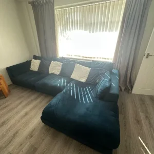 Velvet Pillow Back Right Hand Facing Large Chaise End Sofa and Velvet Square Footstool - Image 5