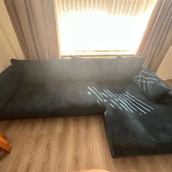 Velvet Pillow Back Right Hand Facing Large Chaise End Sofa and Velvet Square Footstool