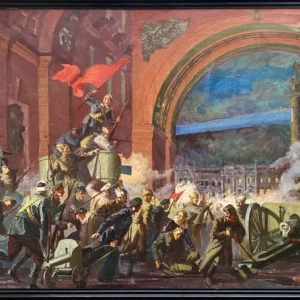 Oil Painting of The Storming of the Winter Palace – 1960s Soviet School Militaria - Image 2