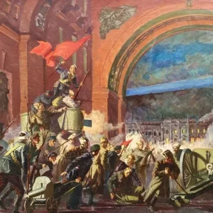 Oil Painting of The Storming of the Winter Palace – 1960s Soviet School Militaria - Image 3