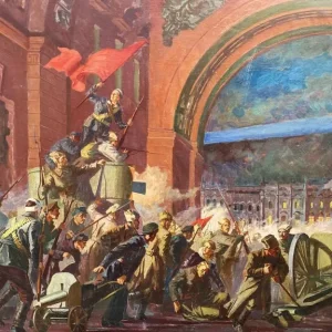 Oil Painting of The Storming of the Winter Palace – 1960s Soviet School Militaria - Image 4