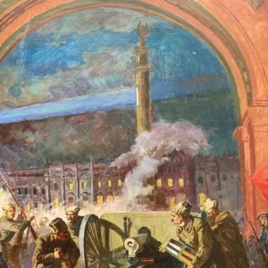 Oil Painting of The Storming of the Winter Palace – 1960s Soviet School Militaria - Image 5