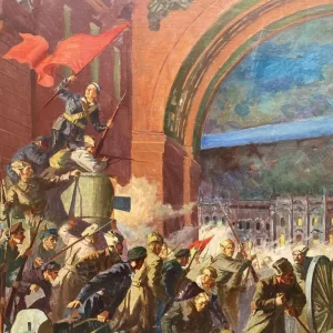 Oil Painting of The Storming of the Winter Palace – 1960s Soviet School Militaria - Image 6